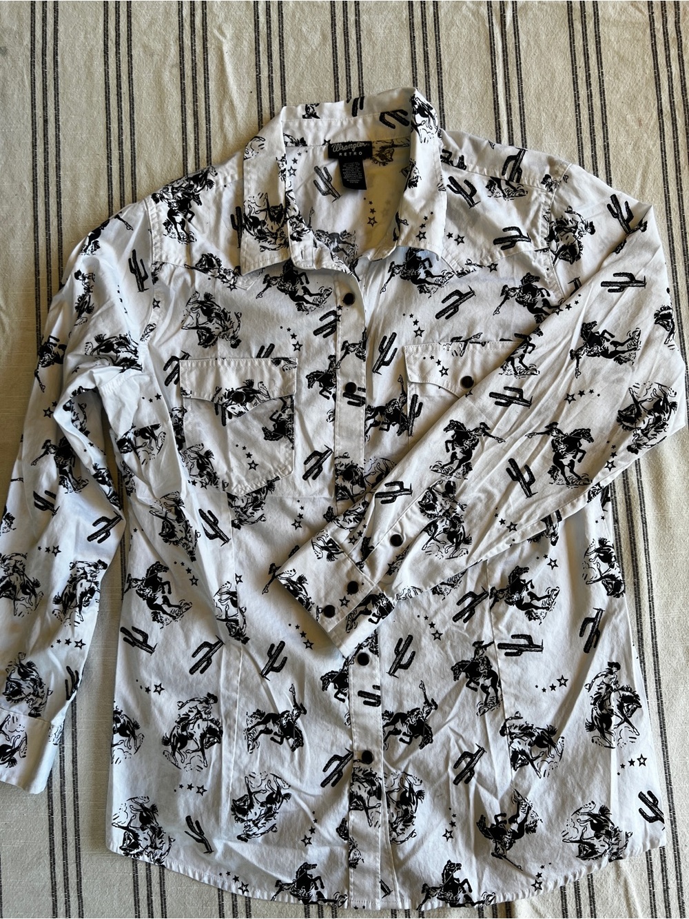 Wrangler Retro Western Snap Shirt XL White Black Cowboy Horse Print 100% Cotton